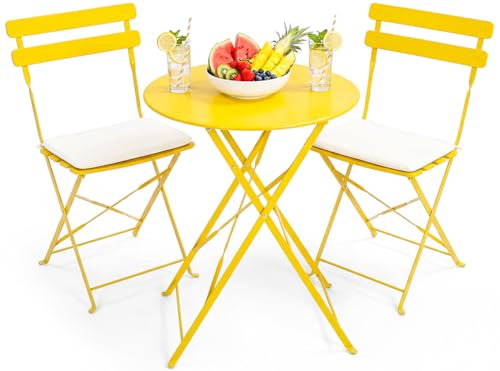 Patio Bistro Set Outdoor Furniture Set Folding Bistro Table and Chairs Conversation Sets for Bistro Balcony Porch Yard Garden(Yellow with Cushion) - color: A-yellow With Cushion