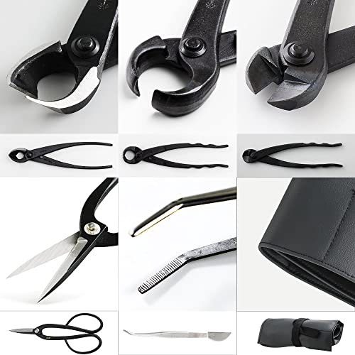 Wazakura Made in Japan 5PCS Bonsai Tool Kit with Roll Bag: Yasugi Steel Ashinaga Bonsai Scissors, Concave Branch Cutter, Knob Cutter, Wire Cutter, Tweezers - 5 Tools Ashinaga Set with Case - style: 5PCS Professional Tool Set (Yasugi Steel Ashinaga Scissor