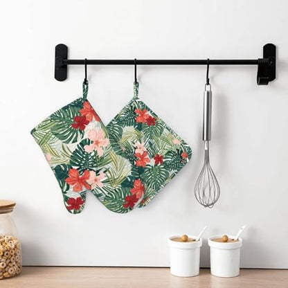 Tropical Floral Oven Mitts and Pot Holders for Heat Resistant Hawaiian Plant Silicone Oven Mittens and Jungle Palm Leaf Hibiscus Potholders Gloves Hot Pads for Kitchen Cooking Baking Grilling - color: Red Green