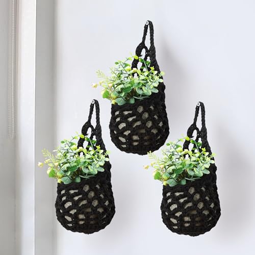 3 Packs Macrame Wall Plant Hanger for 4 in, Small Hanging Plant Basket - color: Black X 3pc