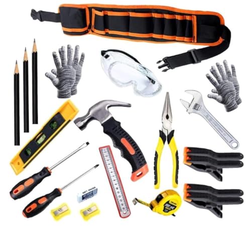 Real Kids Tool Set,22 PCS Kids Junior Tool Set with Woodworking,Construction Tool Set for Kids Pretend Play,DIY Real Tools for Boys & Girls Beginner Learning,Great Gift Tool Belt