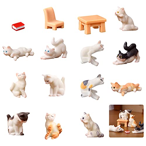 Rolin Roly 15PCS Miniature Cat Figurines Resin Landscape Decoration Mini Animals Miniature Figurines Fairy Garden Accessories for Desk Micro Landscape Plant Pot Bonsai Craft Décor - color: 15pcs Miniature Cat Figurines