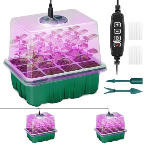Seed Starter Trays with Grow Light Kit, 2 Pack Plant Greenhouse Propagator | 12-Cell Tray, Humidity Temperature Vented Dome, Green Base, Brightness/ Timing Controller and Gardening Tools for Indoor Use - size: 2-Pack (Green)