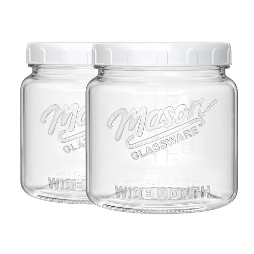 Half Gallon Glass Jar with Lid, 64 Oz Mason Jar for Pantry Storage | 2 Pack Glass Storage Jars, 4.3'' Wide Mouth, Double Scale Lines, Food Container for Flour, Pasta, Cookie, Candy, Fermenting - color: 64oz-Round-2 Pack-Screw Lid