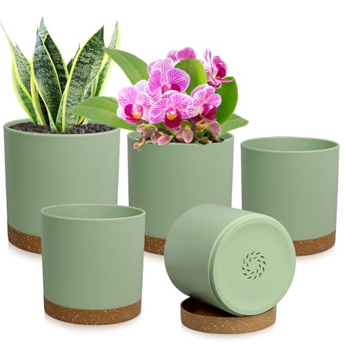 WSMKSZ 5 Pack Cylindrical Flower Pots with 7/6.5/6/5/4 inch, Modern Small Plastic Plant Pots with Drainage Holes & Saucers, Round Planter Pots for Outdoor, Indoor & Office Decor (Green Brown) - color: Green With Brown, size: 7+6.5+6+5+4 inch