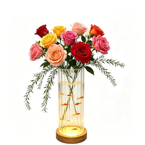Ribbed Glass Cylinder Vase with LED Light Base - 7.9 Inch Clear Fluted Bud Vase for Flowers Pampas Grass, Light Up Terrarium Fish Bowl Centerpiece, Home Decor Gift - color: Transparent color