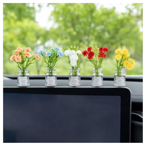 5 Pcs Mini Daisy Car Dashboard Decorations | Aesthetic Floral Ornaments with Secure Adhesive & Residue-Free Removable Vases | Boho Car Accessories Gift for Women & Girls - color: 5 Flower