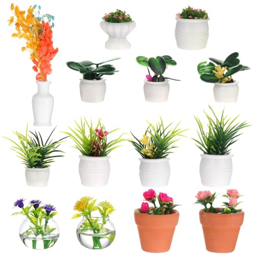 Gatuida 15pcs Mini Potted Flowers Plants Miniature Dollhouse Plant Models Mini Artificial Greenery Decorations for Micro Landscape Dollhouse Decor (Random Color)