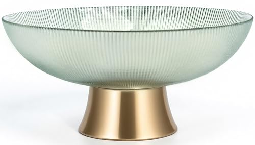 Round Glass Decorative Bowl (Green), 9.8 Inches Handblown Striped Design Glass Bowl with Rust Resistant Metal Base,Decor Fruit Bowl for Home Decor,Table Centerpiece,Kitchen Island and Dining Decor - color: Green