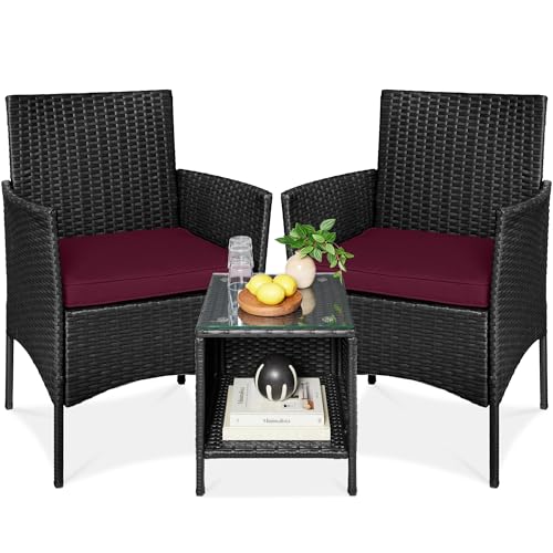 Best Choice Products 3-Piece Outdoor Wicker Conversation Bistro Set, Space Saving Patio Furniture for Garden w/Side Table - Black/Deep Burgundy - color: Black/Deep Burgundy