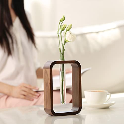 Transprent Glass Vase Test Tube Vase Hydrophilic Plants Vase Plant Holder Walnut Wooden Frame Flower Stand Table Garden Bonsai Decor,Gifts for Women, Home Office Decor Planter (Small) - size: Small