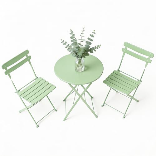GarveeHome 3 Piece Foldable Patio Bistro Set, Outdoor/Indoor Metal Table and Chairs Furniture, Compact Round Table with 2 Folding Chairs for Balcony, Porch, Deck, Garden, Apartment, Small Space, Sage - color: Sage, size: 3-Piece (Round Table)