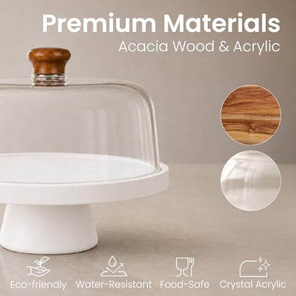 Acacia Wood Cake Stand with Lid Anti-Mold 12 Inch - 2-in-1 Wooden Charcuterie Board - Covered Dessert Plate with Acrylic Dome - Vintage Pastry Display - Tall Domed Serving Stand Platter - size: White – Fixed Base