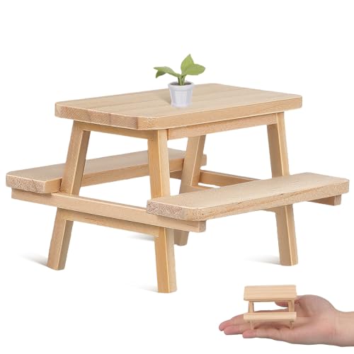 Miniature Picnic Table with Benches - 1:12 Scale Wooden Dollhouse Furniture Set for Crafts - 3. 14" Mini Wooden Picnic Table Doll Chair Model Props for Doll House Decor