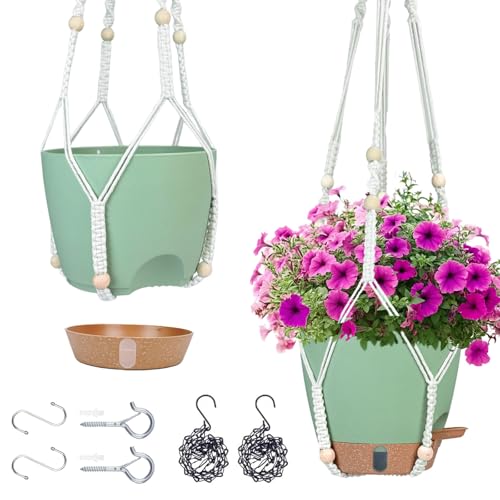 Hanging Planter for Indoor Plants 8 Inch, 2 Pack, Self Watering | Hanging Baskets for Plants, Hanging Flower Pots with Drainage Hole & 2 Kinds of Plant Hangers for Garden Home Decor - color: Green, size: 8 inch