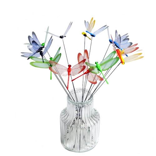 40 Pcs 3D Artificial Dragonfly Stakes Garden Ornaments Dragonfly Garden Decor for Indoor Outdoor Planter Miniature Fairy Garden Decoration,Yellow,Blue,Green,Red