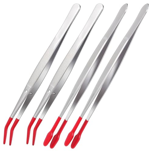 4 Pieces Tweezers with Rubber Tips PVC Rubber Coated Tweezers Rubber Long Bent Tip Tweezer and Straight Flat Tip Tweezer for Lab Stamp Hobby Jewelry Crafts Feeding (Silver, Red)