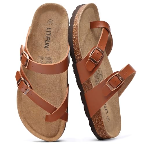 Litfun Women's Cork Footbed Sandals Comfortable Leather Summer Slides | Toe Loop, Arch Support, Slip On, Adjustable Buckle, Non-slip Rubber Sole, Comfy, Cushioned, Fashion, Casual - color: Brown, size: 7
