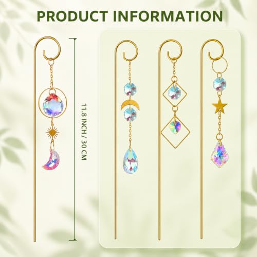 4 Pcs Small Trellis for Potted Plants Indoor with Crystal Sun Catcher Pendant, Metal Plant Stake for Mini Potted Plant Decoration for Home Window Garden