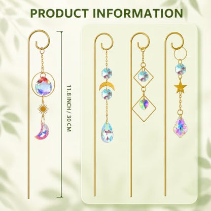 4 Pcs Small Trellis for Potted Plants Indoor with Crystal Sun Catcher Pendant, Metal Plant Stake for Mini Potted Plant Decoration for Home Window Garden