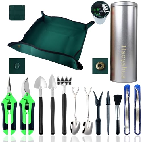 14-Piece Succulent Tool Set Mini Hand Transplanting for Miniature Gardening | Indoor Houseplant Care with Waterproof Repotting Mat, Mess Control, Pruning Shears & Shovel for Fairy, Bonsai, Cactus Potting