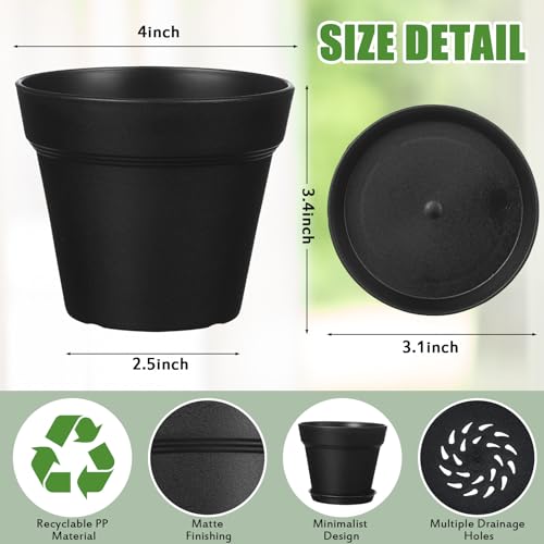 Mumufy 54 Pack 4 Inch Plant Pots Bulk Small Planter with Drainage Hole and Saucer Small Plastic Pots for Flowers Succulent Cactus and All House Indoor(Black) - color: Black