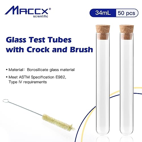 Glass Test Tubes with Cork and Brush, Vol.34ml/Dia.20x150mm, Pack of 50, 3.3 Borosilicate Glass, TTGS01-050 - style: 50pcs of Vol.34ml, with cork& brush