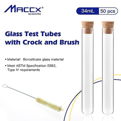 Glass Test Tubes with Cork and Brush, Vol.34ml/Dia.20x150mm, Pack of 50, 3.3 Borosilicate Glass, TTGS01-050 - style: 50pcs of Vol.34ml, with cork& brush