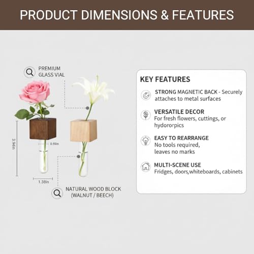 Magnetic Flower Vase 2 Pcs, Wooden Test Tube Propagation Magnet | Magnetic Single Flower Vase, Propagation Magnet, Wooden Fridge Planter, Space-Saving, Glass Tube