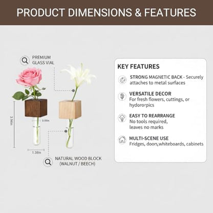 Magnetic Flower Vase 2 Pcs, Wooden Test Tube Propagation Magnet | Magnetic Single Flower Vase, Propagation Magnet, Wooden Fridge Planter, Space-Saving, Glass Tube