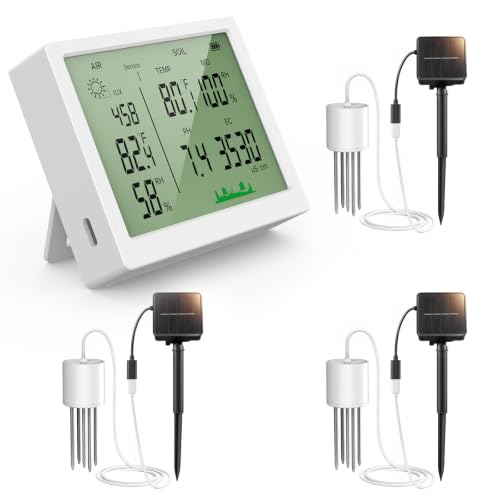 7-in-1 Wireless Soil Test Kit, (1 LED Display + 3 Probes + 3 Solar Panels)，Soil pH Tester for Moisture/Fertility/Soil Temp,Air Humidity & Light Meter for Garden Lawn Farm