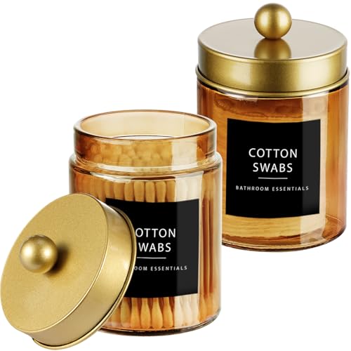 Amolliar Bronze Amber Glass Apothecary Jar, Qtip Holder Bathroom Gold 2Pack | Bathroom Canister With Metal Lid, Q tip Dispenser Holder for Cotton Balls, Cotton Swabs, Floss Picks, Vanity Makeup Organizer - color: Gold, size: 2 Pack