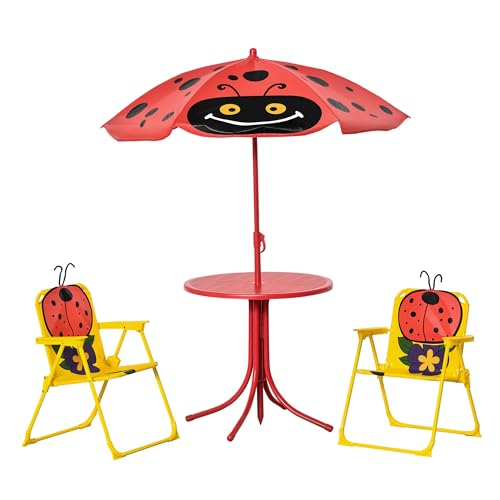 Outsunny Kids Table and Chair Set Picnic Table Umbrella Red Ladybug | Outdoor Folding Garden Furniture, Patio Backyard, Removable & Height Adjustable Sun Umbrella - color: Red