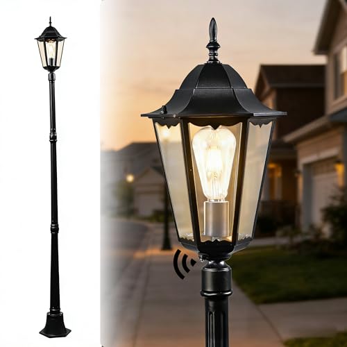 84" Outdoor Lamp Post Light, Dusk to Dawn, Black, Hardwired, E26 Base | Tall Lamp Post Light, Dusk to Dawn Sensor, E26 Base, Hardwired 110-120V, Die-Cast Aluminum, Clear Glass, Weather Resistant - color: 84" DTD-Black