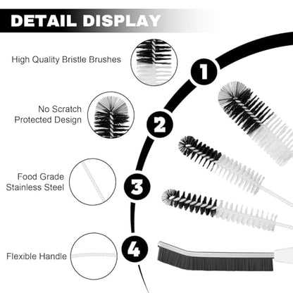 Bottle Cleaning Brush Set, 4pcs Flexible Long Handle Brushes for Bottles | 4-piece Brush Kit with Flexible Bristles and Built-in Tweezers Cleans Narrow Neck Bottles, Straws, Tubes