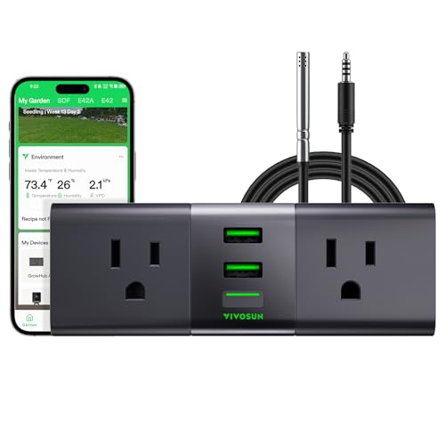 VIVOSUN GrowHub Outlet Controller A22 with Temperature and Humidity Sensor Probe, Smart Environmental WiFi-Controller, Smart Plug, Thermostat, 15A 1800W, Compatible with Vivosun App for Grow Tent | Smart Plug, Smart Environmental WiFi-Controller,Thermosta