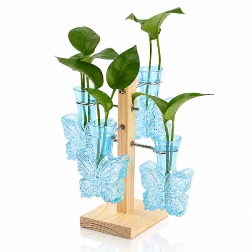 Nacome Plant Terrarium Propagation Stations: Blue Vase with Wooden Stand - color: Blue
