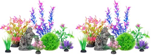 Ameliade Aquarium Artificial Plastic Plants Decorations and Rock Cave Decor Set Goldfish Betta Fish Tank Accessories Small Large Fish Bowl Ornaments (Pack of 2) - size: Medium-C1 (Pack of 2)