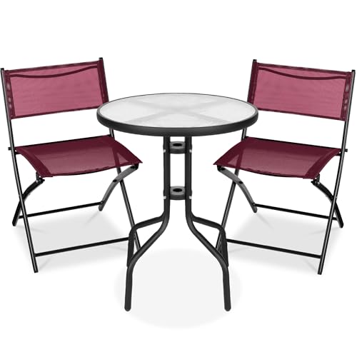 Best Choice Products 3-Piece Patio Bistro Dining Furniture Set w/Textured Glass Tabletop, 2 Steel Folding Chairs, Polyester Fabric - Burgundy - color: Burgundy