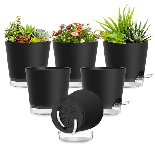 Plant Pots 6 Inch Self Watering Pots,6 Pack Plastic Planters with Drainage Holes and Clear Saucers,Plastic Flower Pots,Nursery Planting Pot for Indoor Out Door Plants (Black) - color: Black, size: 6 inch