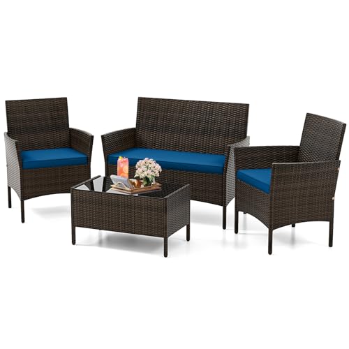 KOTEK 4 Piece Patio Furniture Set, Outdoor Rattan Conversation Set with Loveseat, Wicker Chairs, Tempered Glass Coffee Table, Wicker Patio Set for Backyard, Porch (Peacock Blue) - color: Peacock Blue