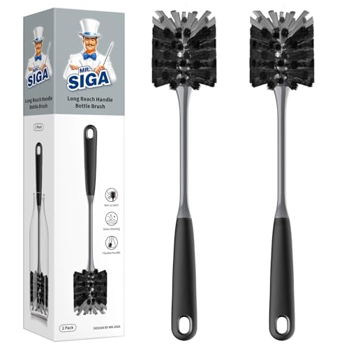 MR.SIGA Long Handle Bottle Brush, Non-Scratch Water Bottle Brush Cleaner | 2 pack bottle brushes for cleaning, drinking glasses brush with non slip handle, 5.8 cm(2.3 inch) wide brush head - color: Black