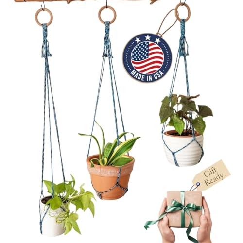 Set of 3 Macrame plant hanger for pots 4-10” live plants indoor and outdoor decor hanging plant holder Boho décor Plant stand Indoor plant shelf for Hanging planter for plant pots (Coastal Breeze) - color: Coastal Breeze