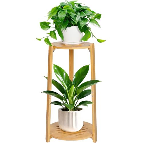 2 Tier Round Bamboo Plant Stands Shelf Indoor Wooden Corner | Tall Flower Pot Stands Shelf Plant Pedestal Holder Rack in Living Room Patio Balcony Outdoor, D12 H23.6 Inch