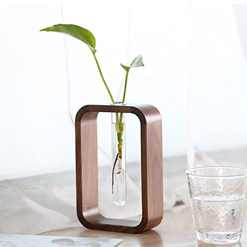 Transprent Glass Vase Test Tube Vase Hydrophilic Plants Vase Plant Holder Walnut Wooden Frame Flower Stand Table Garden Bonsai Decor,Gifts for Women, Home Office Decor Planter (Small) - size: Small