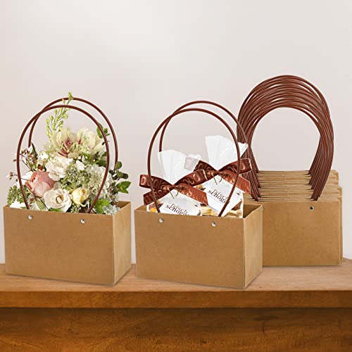 DEAYOU 10-Pack Kraft Paper Flower Gift Bags, Brown Bouquet Bag Box with Handle, Small Brown Paper Carrier Tote Bags with Waterproof Lining for Floral Arrangements, Party Favor, Ultra Thick
