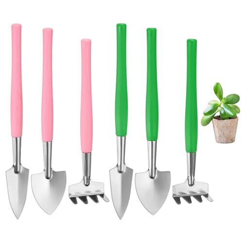 M METERXITY 2-Set Mini Gardening Tools, Stainless Steel Miniature Gardening Rake, Trowel, and Shovel for Seedlings/Bonsai/Succulents/Herbs/Terrariums and Planting [Pink/Green] - color: Pink/Green