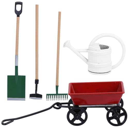 Miniature Garden Tools, 5 Pcs of Garden Scene Model Mini Garden Tools, Doll House 1/12 Scale Accessories, Spade Pestle Rake Cart and Kettle for Doll House Garden Decor Accessories