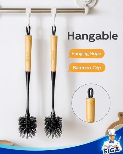 MR.SIGA Water Bottle Brush, Long Handle Bottle Brush for Sports Bottles | bottle brushes for cleaning, drinking glasses brush with bamboo handle, 5.7 cm(2.2 inch) wide brush head, 2 pack - color: Black