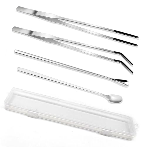 4-Piece Bearded Dragon Accessories, Long Stainless Steel Tweezers & Spoons | Bearded dragon accessories for controlled feeding, substrate cleanup, aquarium planting and decor placement in deep tanks